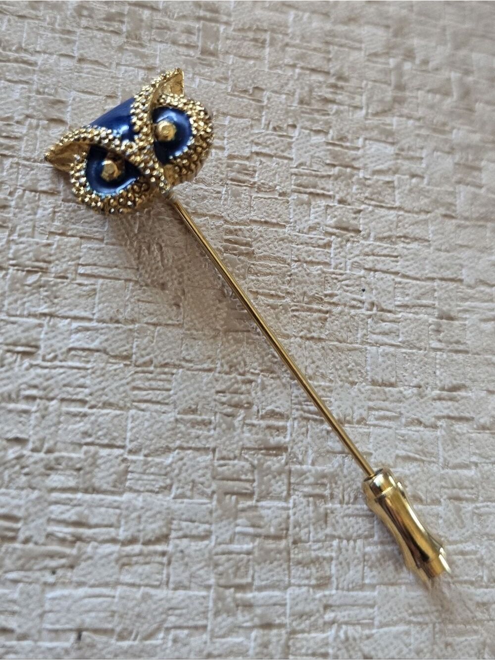 Vintage Blue Enamel Gold Tone Owl Stick Pin